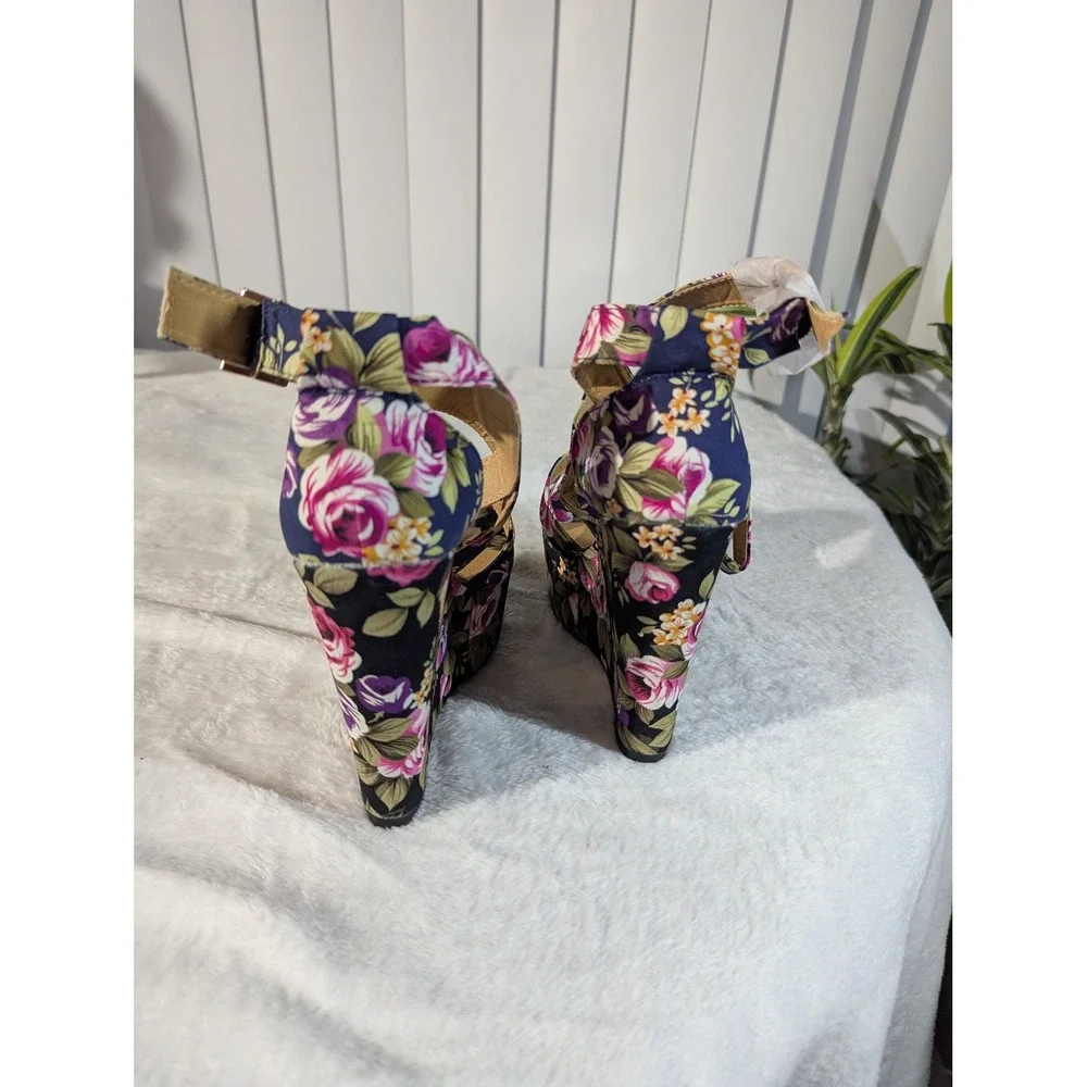 Anna Wedge Sandals Womens 7.5 Navy Floral New Platform Ankle Strap Heels